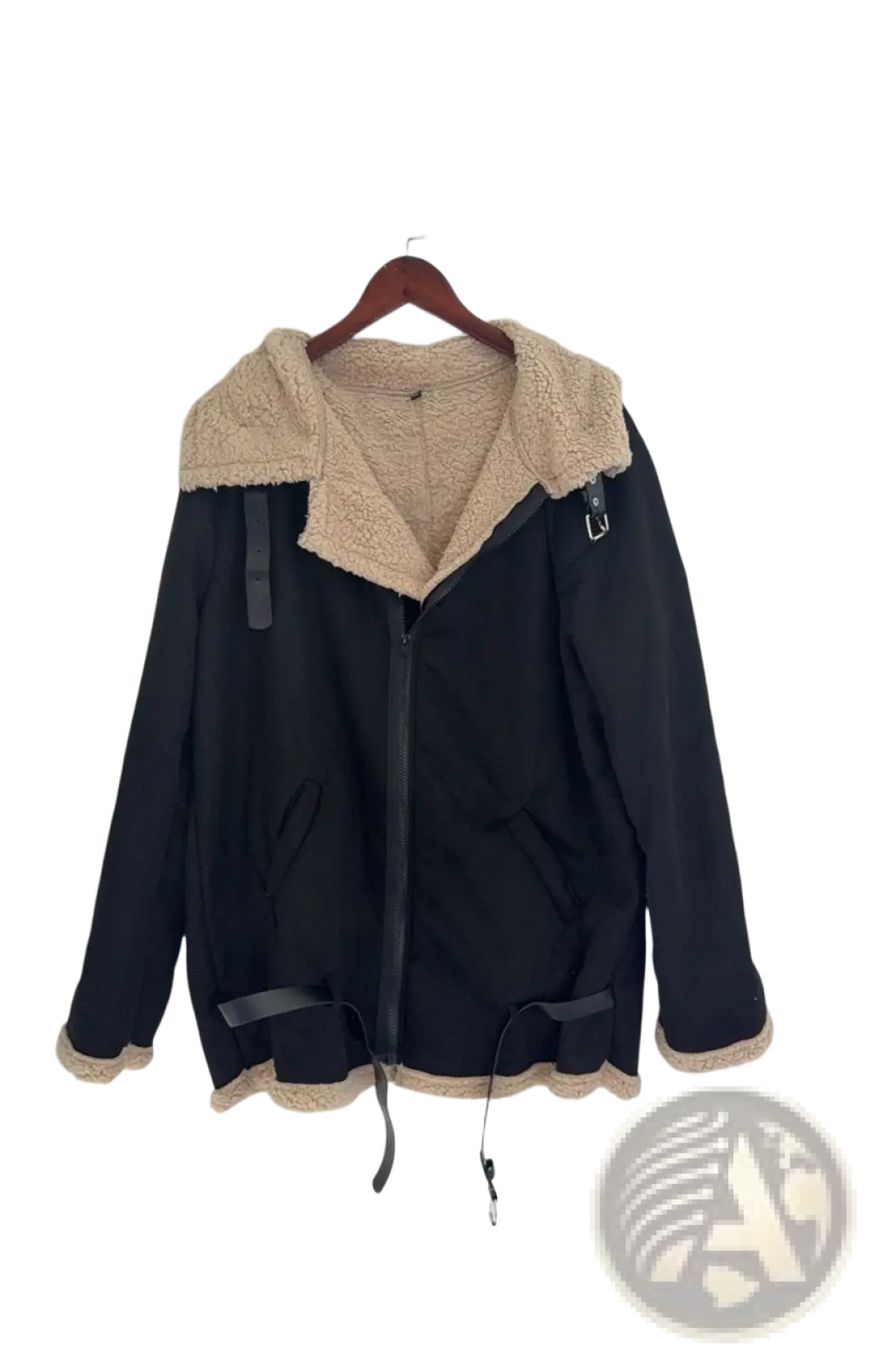 Men shearling bomber jacket in black with beige fleece interior and matching trim featuring a hooded design