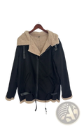 Men shearling bomber jacket in black with beige fleece interior and matching trim featuring a hooded design
