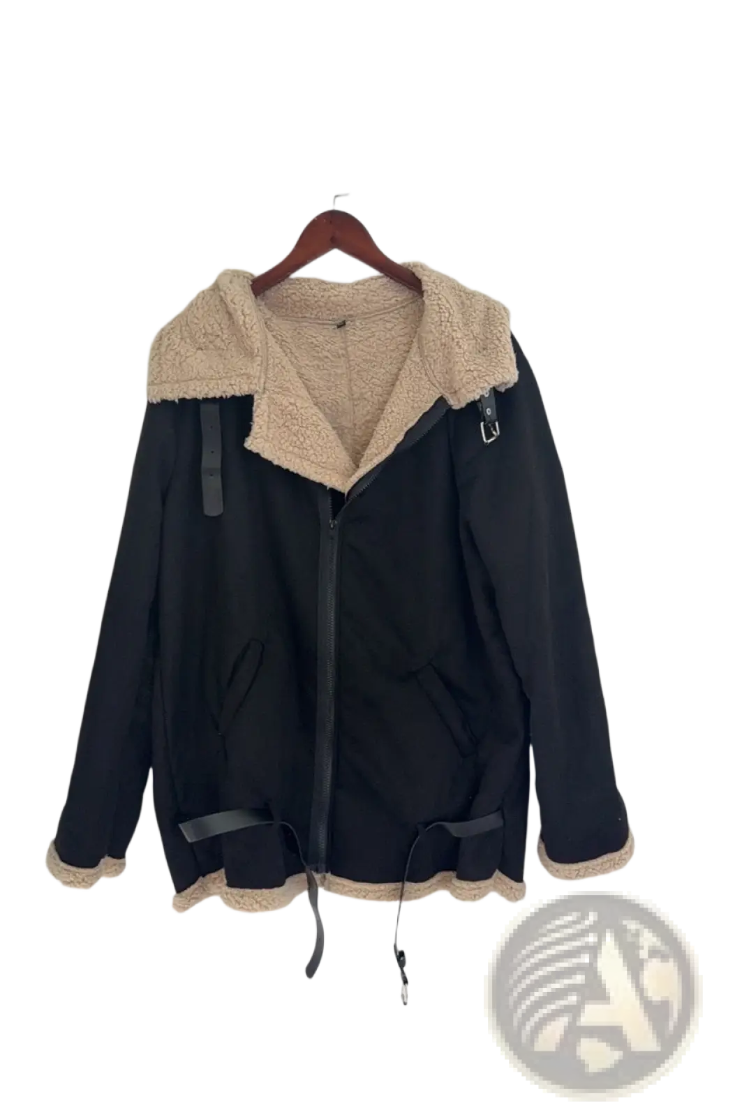 Men shearling bomber jacket in black with beige fleece interior and matching trim featuring a hooded design