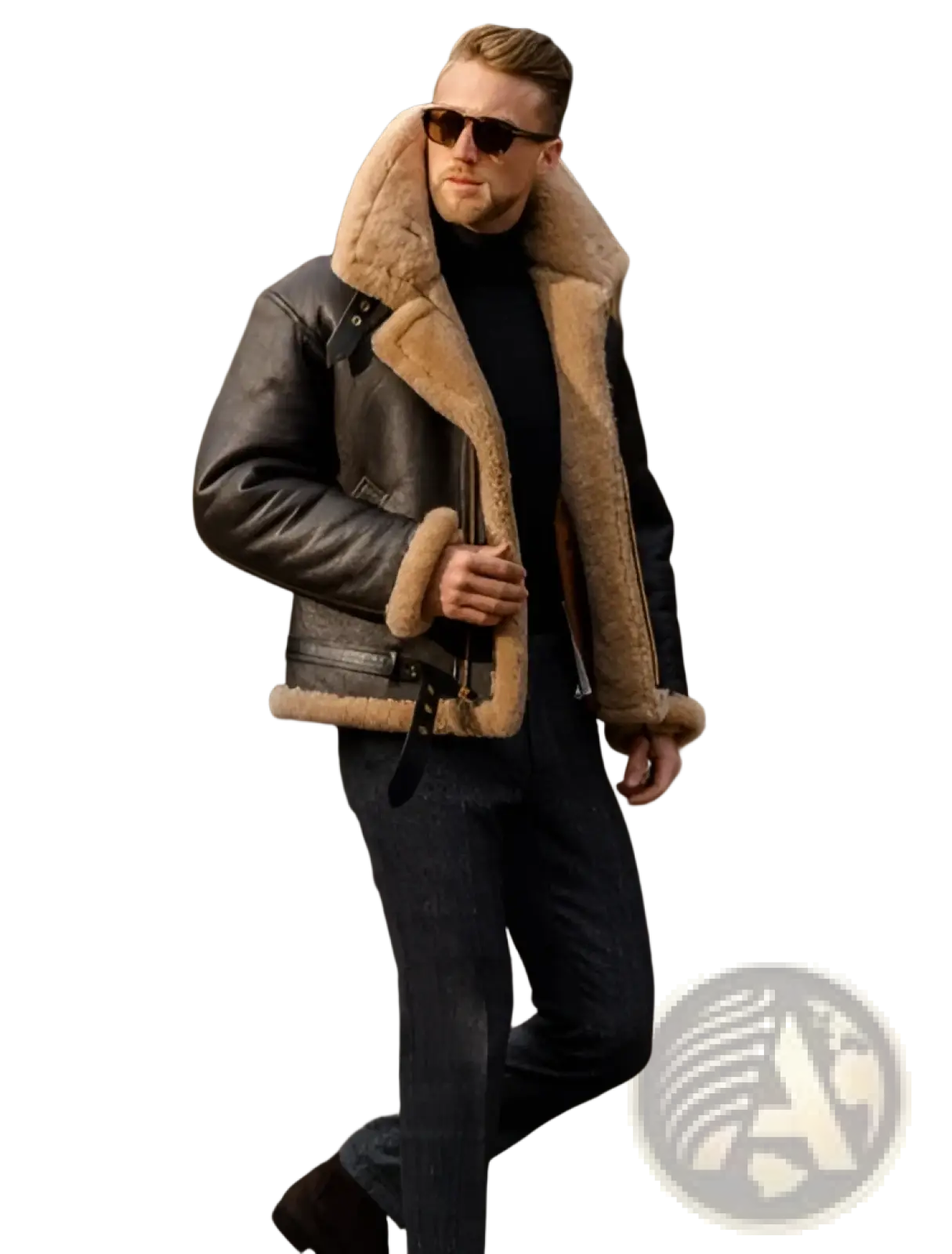 Men shearling bomber jacket in black leather with tan shearling lining and cuffs for stylish cold weather wear