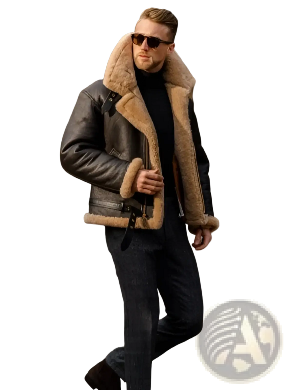 Men shearling bomber jacket in black leather with tan shearling lining and cuffs for winter wear