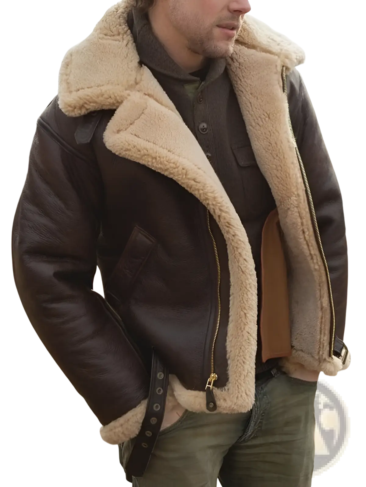 Men shearling bomber jacket in brown leather with tan fleece lining and gold tone zipper details