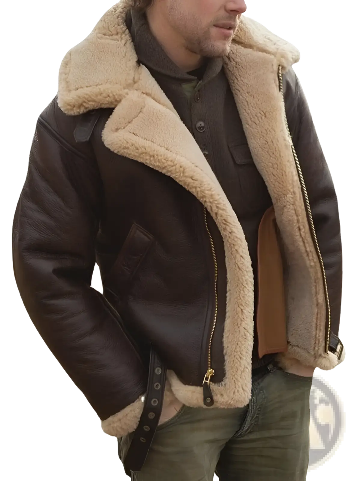 Brown leather men shearling bomber jacket with tan shearling lining and collar for cold weather use