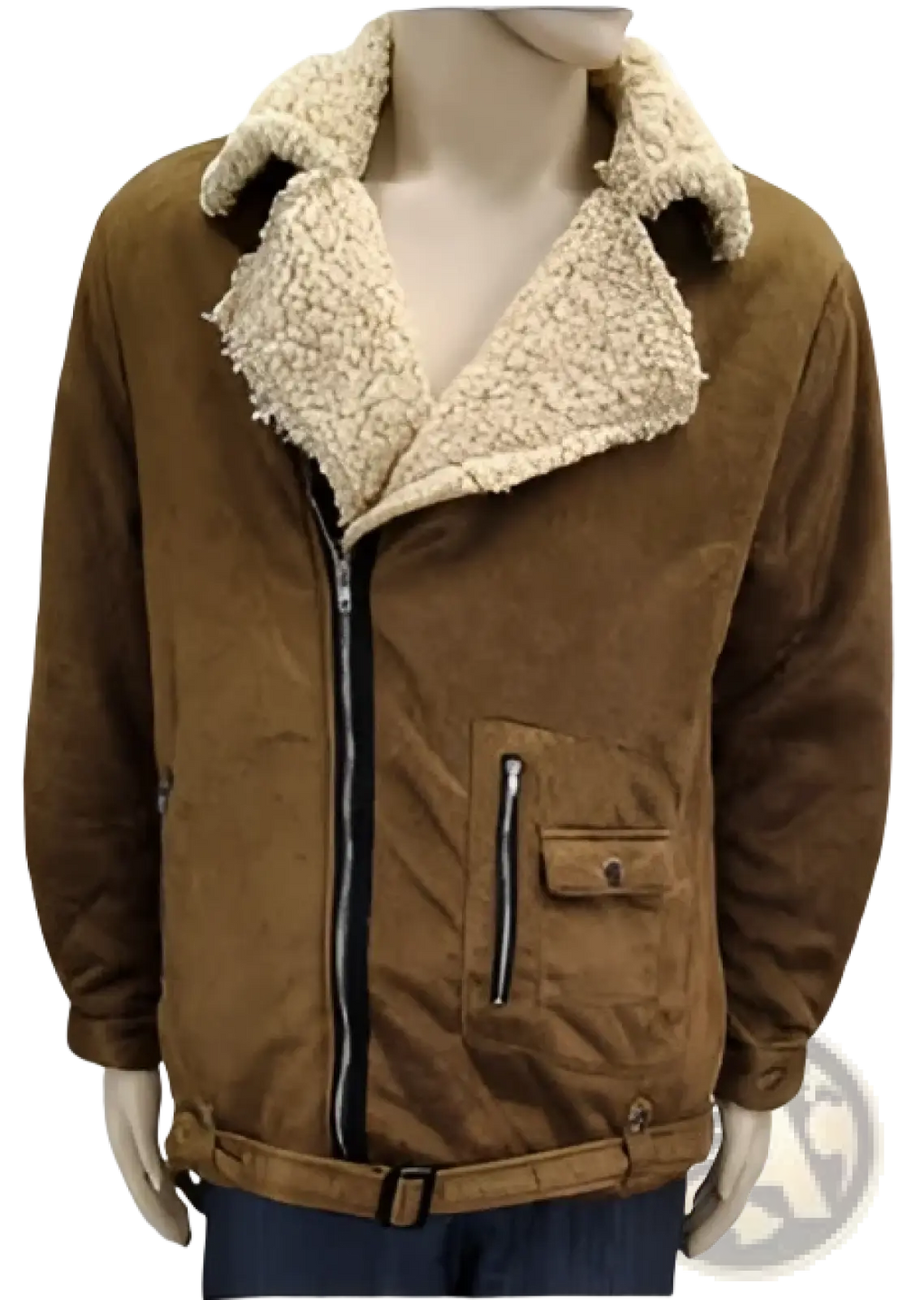 Men shearling bomber jacket in brown suede with a plush beige shearling collar and front zipper closure
