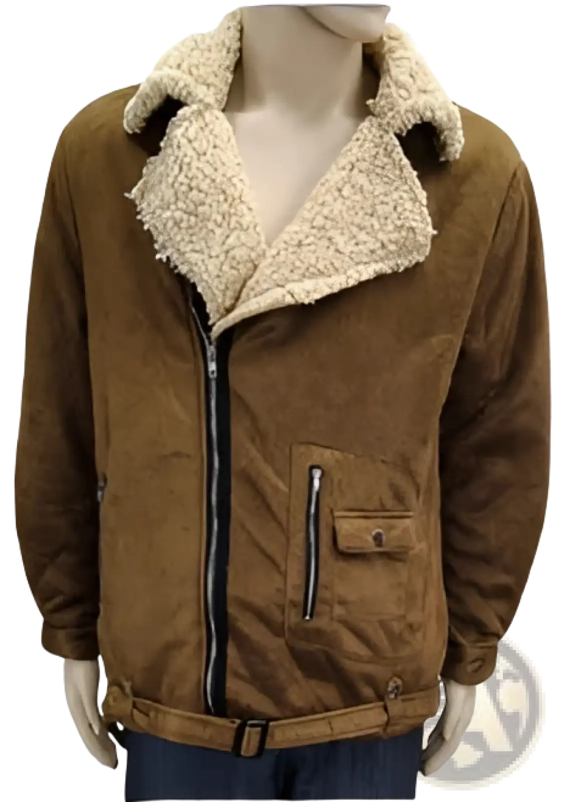 Men shearling bomber jacket in brown suede with a plush beige shearling collar and front zipper closure