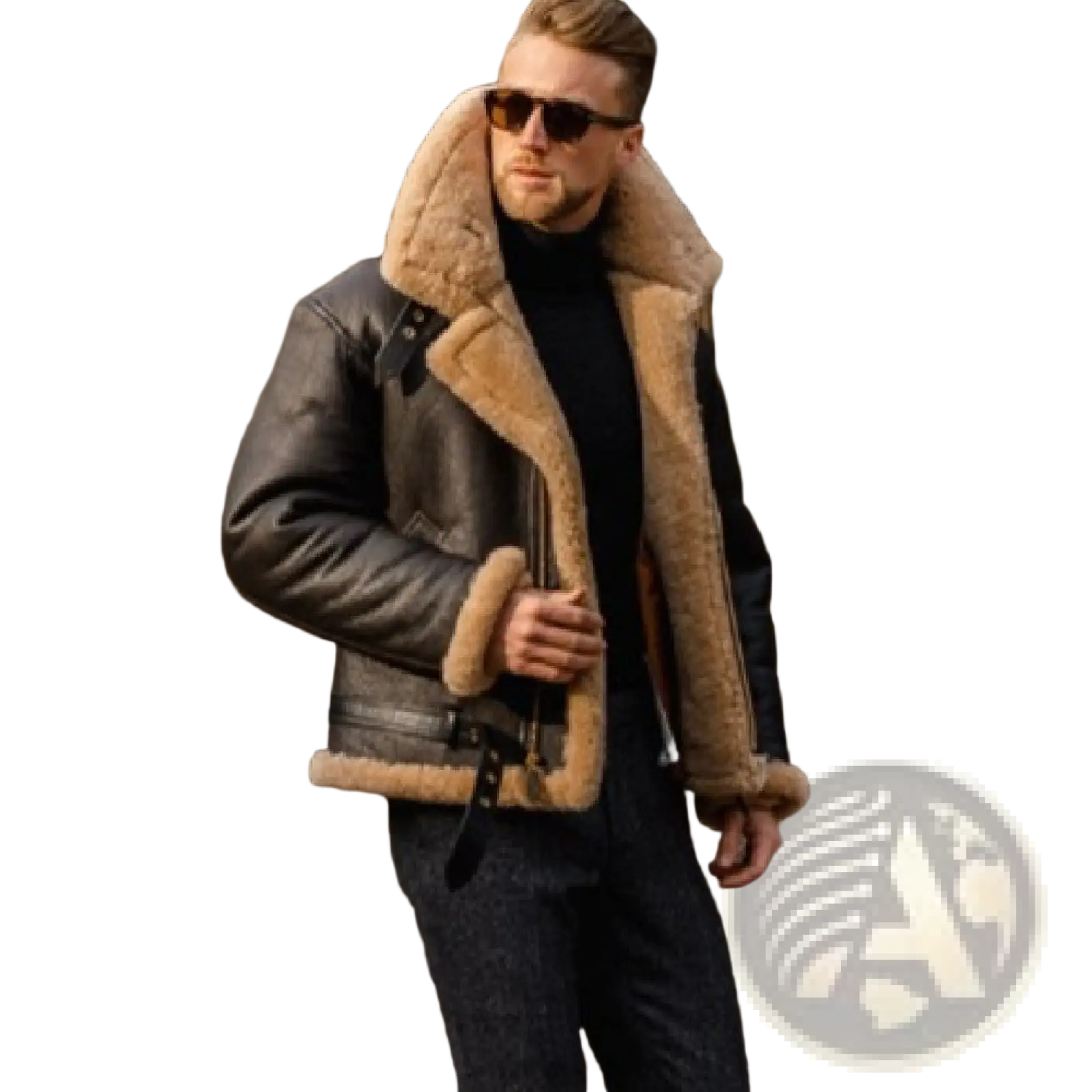 Men shearling bomber jacket in dark brown leather with tan shearling lining and cuffs for cold weather use
