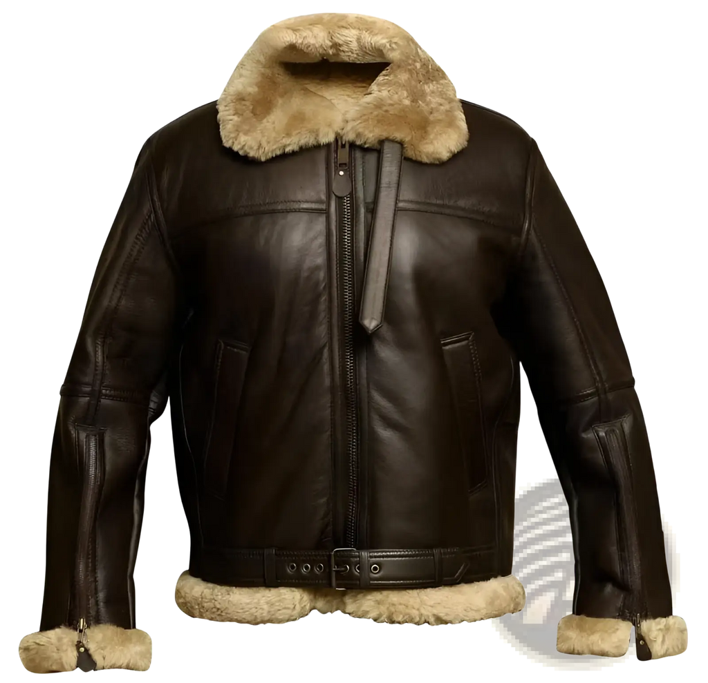 Men shearling bomber jacket in dark brown leather with tan shearling lining and cuffs for cold weather wear