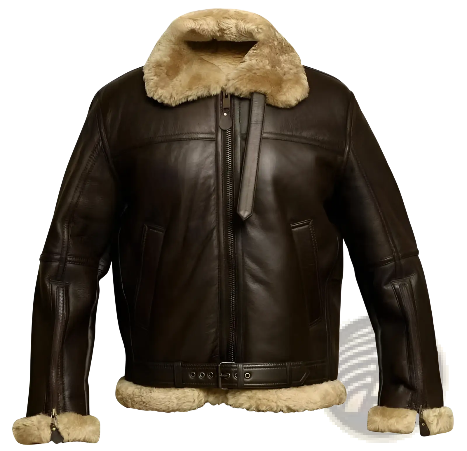 Men shearling bomber jacket in dark brown leather with tan shearling lining and cuffs for cold weather wear