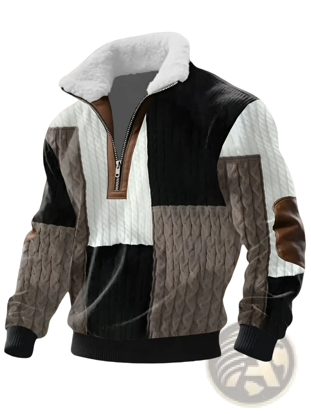 Men shearling collar half zip sweater jacket in black white and brown patchwork with plush white shearling collar