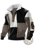 Men shearling collar half zip sweater jacket in black white and brown patchwork with plush white shearling collar