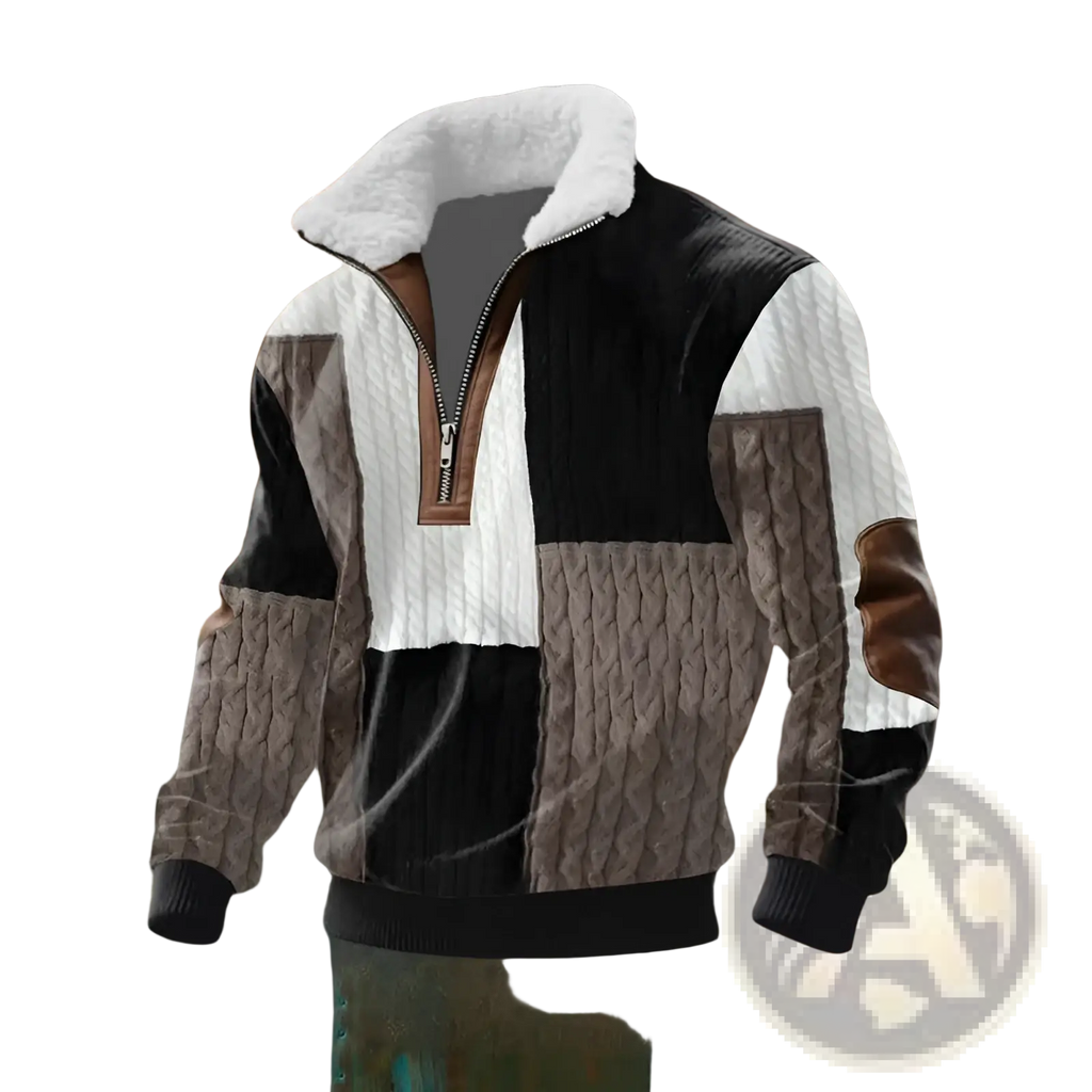 Men shearling collar half zip sweater in black white and brown patchwork fleece lined with cable knit panels