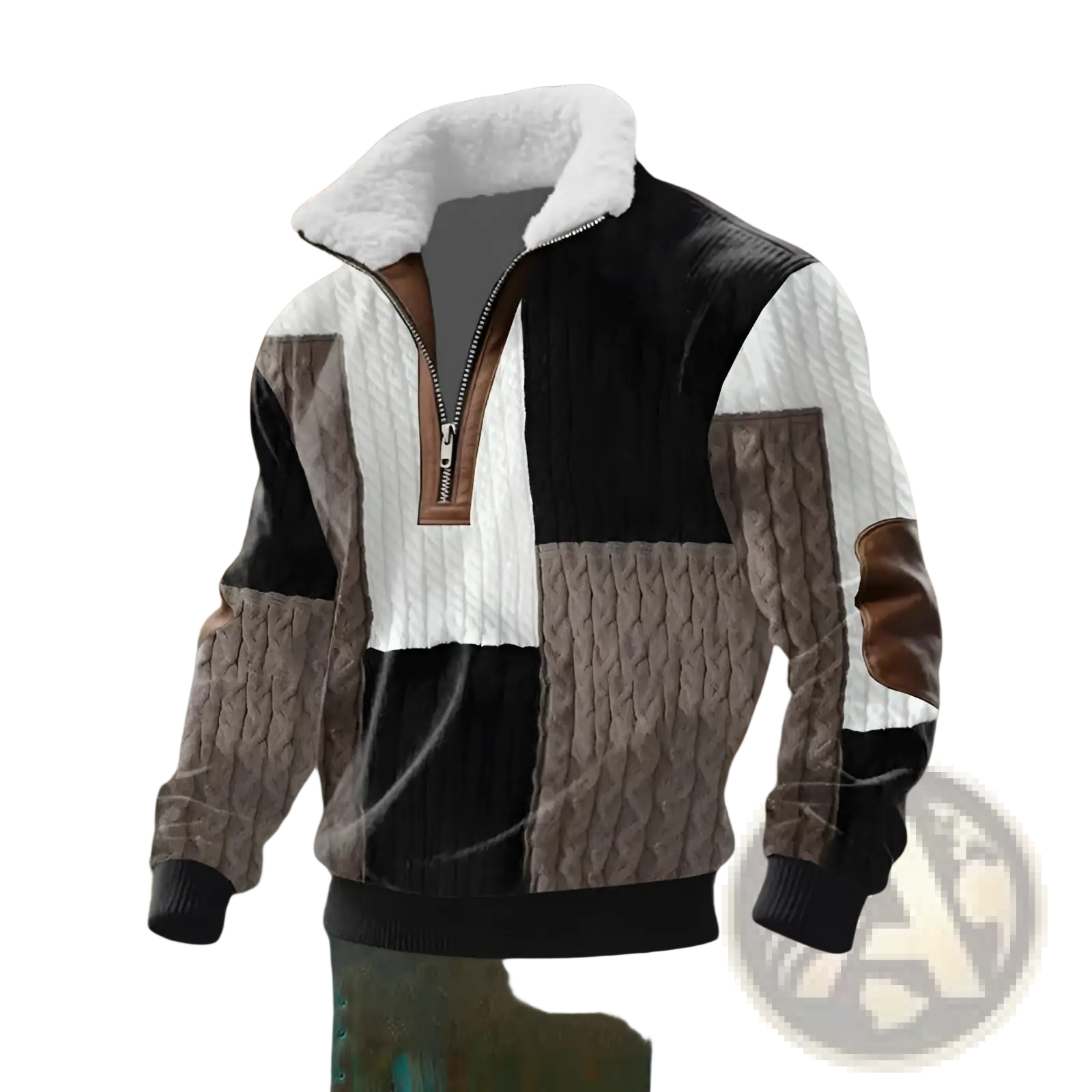 Men shearling collar half zip sweater in black white and brown patchwork fleece lined with cable knit panels