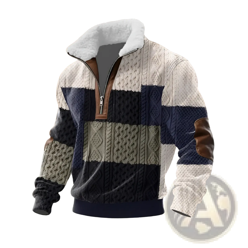 Men shearling collar half zip sweater in cream navy and olive with cable knit patterns and leather shoulder patches
