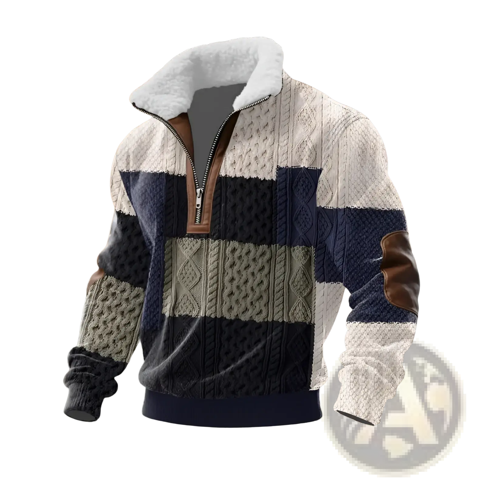 Men shearling collar half zip sweater in cream navy and olive with cable knit patterns and leather shoulder patches