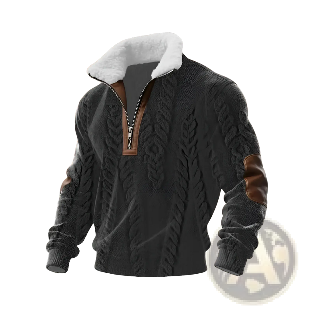 Men shearling collar half zip sweater in dark gray cable knit with white shearling collar and brown leather elbow patches