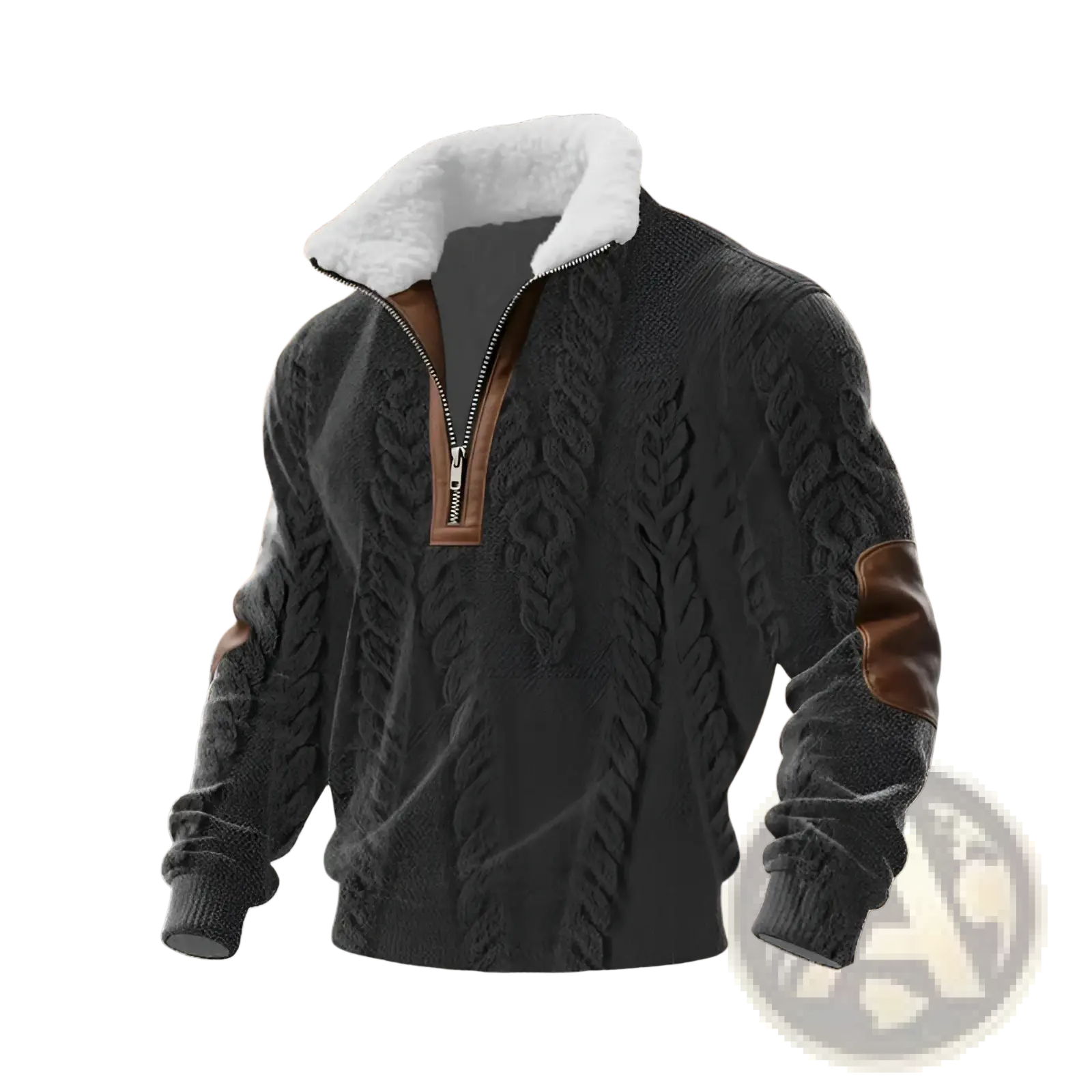Men shearling collar half zip sweater in dark gray cable knit with white shearling collar and brown leather elbow patches