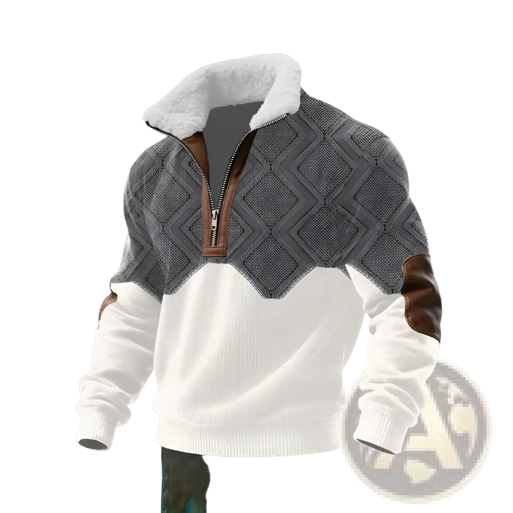 Men shearling collar half zip sweater in gray and white knit with diamond pattern brown leather accents and fleece collar