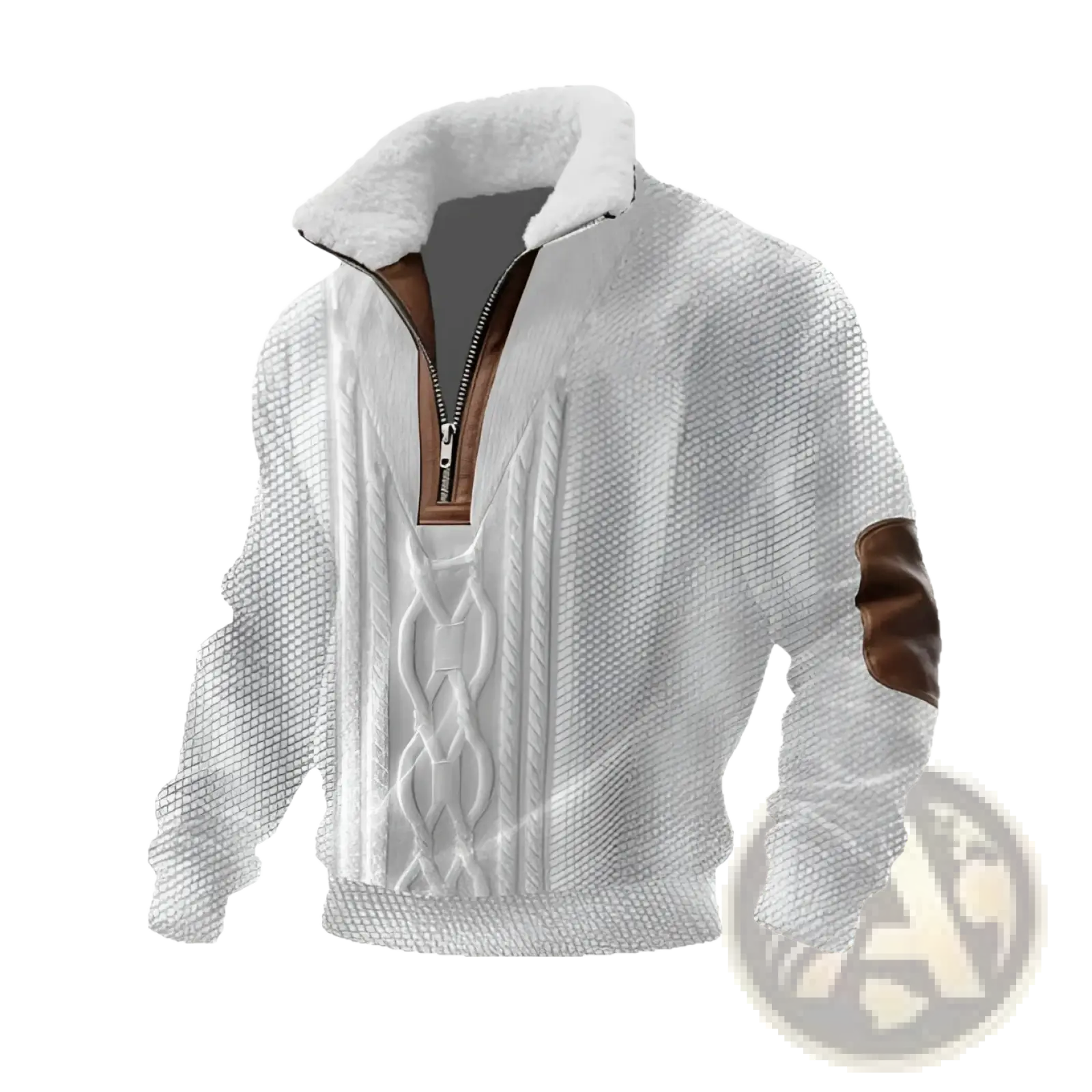 Men shearling collar half zip sweater in white cable knit with plush fleece collar and brown leather accents