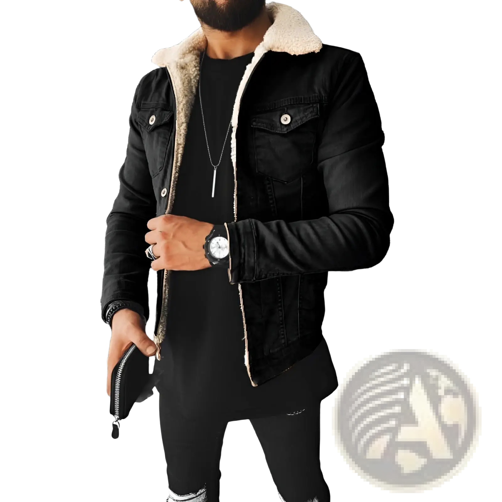 Men shearling lined denim jacket in black with a plush light beige shearling-lined collar displayed from front