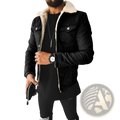 Men shearling lined denim jacket in black with a plush light beige shearling-lined collar displayed from front