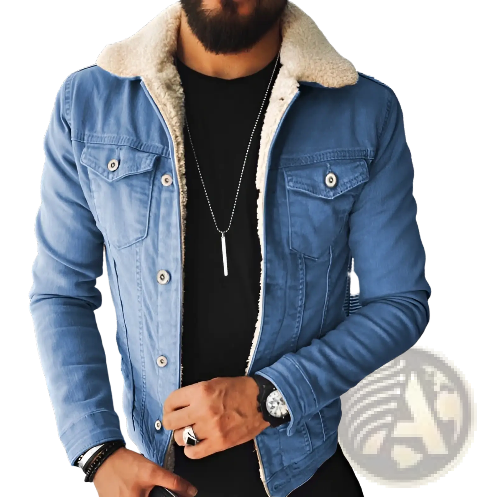 Men shearling lined denim jacket in blue with plush beige shearling collar and silver-toned buttons