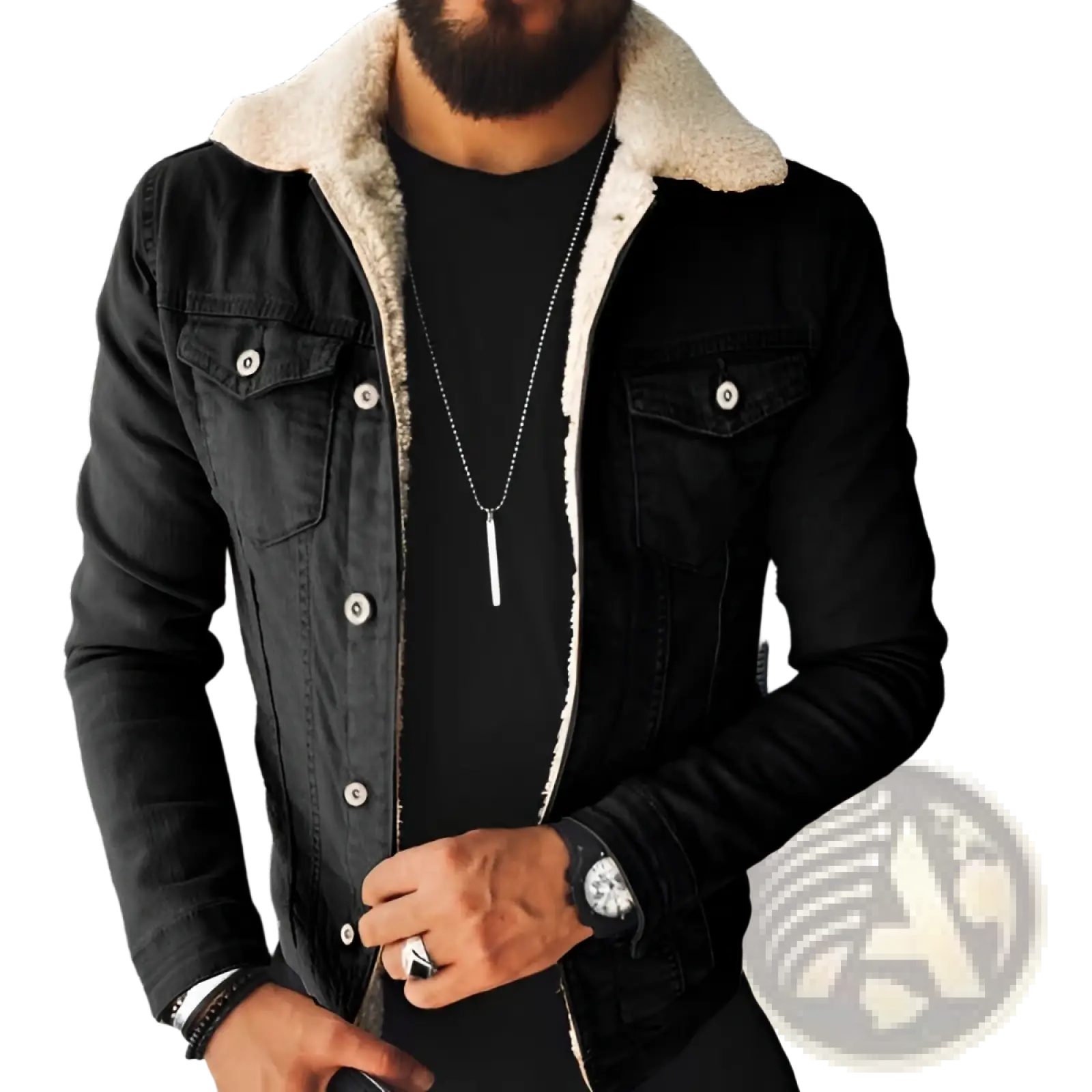 Men shearling lined denim jacket in black with plush cream shearling collar and front button closure