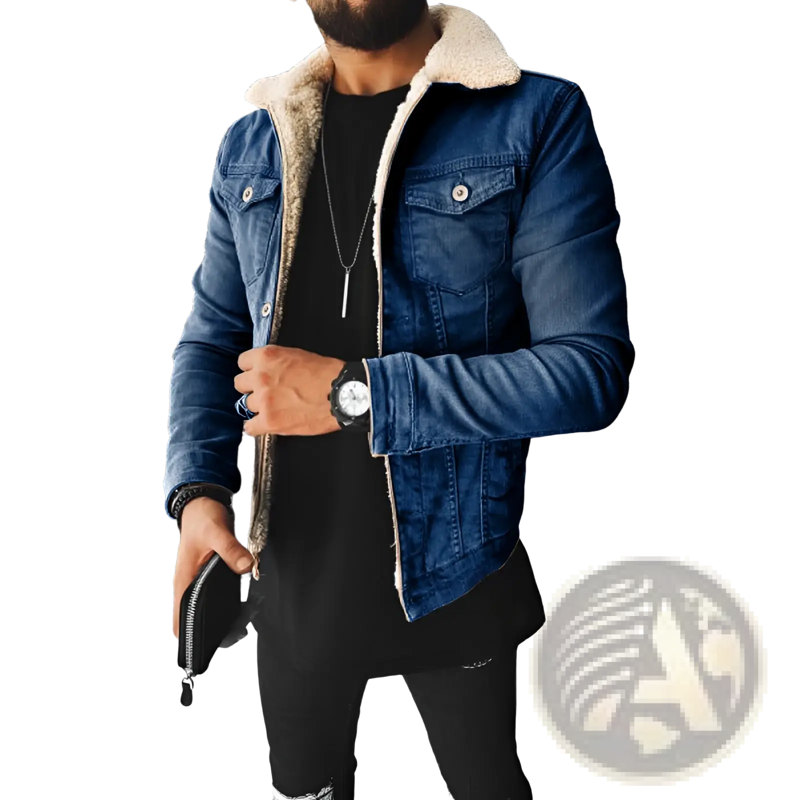 Men shearling lined denim jacket in blue with a plush beige shearling collar for warmth and style