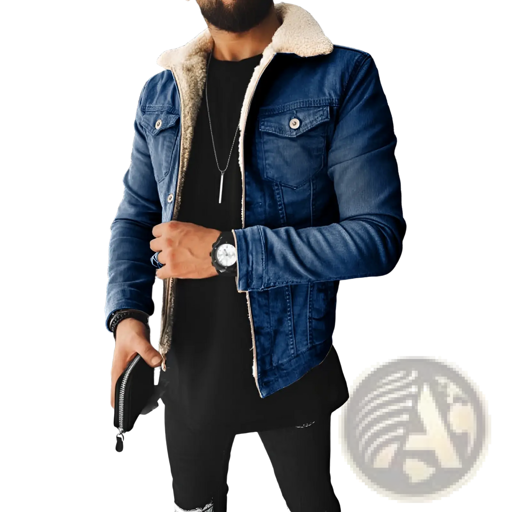 Men shearling lined denim jacket in blue with a plush beige shearling collar for warmth and style