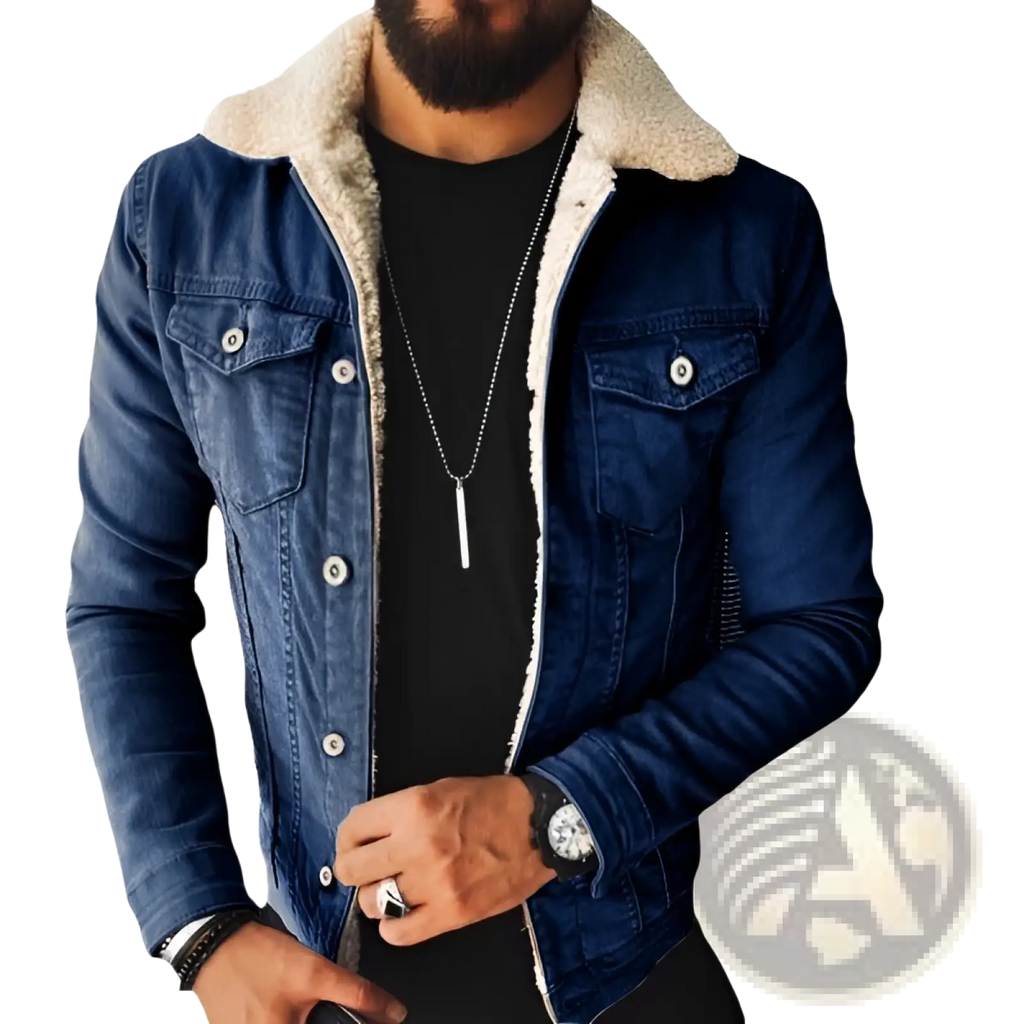 Men shearling lined denim jacket in dark blue with a plush light beige shearling collar for cold weather