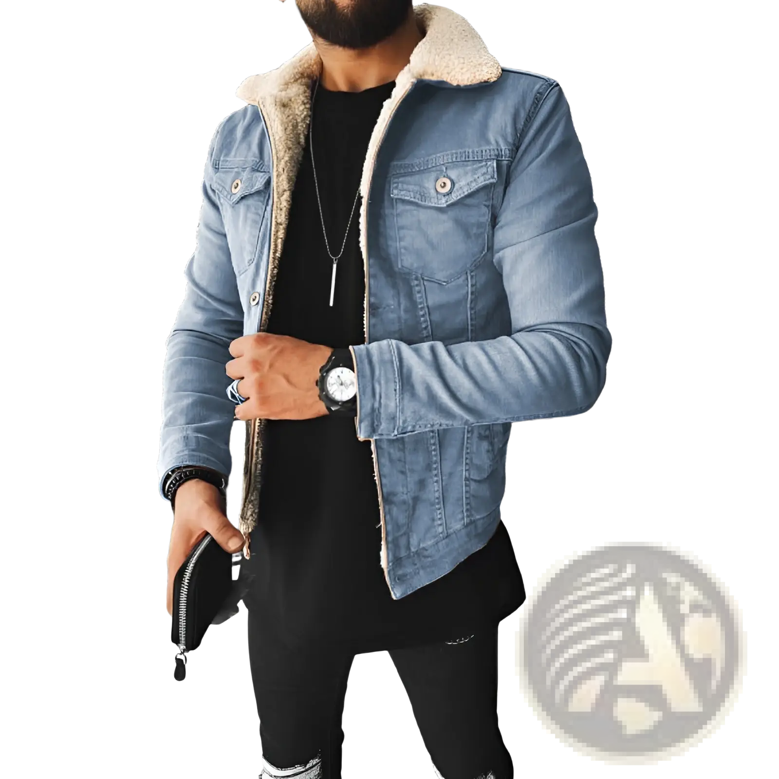 Men shearling lined denim jacket in light blue with a plush cream-colored shearling collar for warmth and style