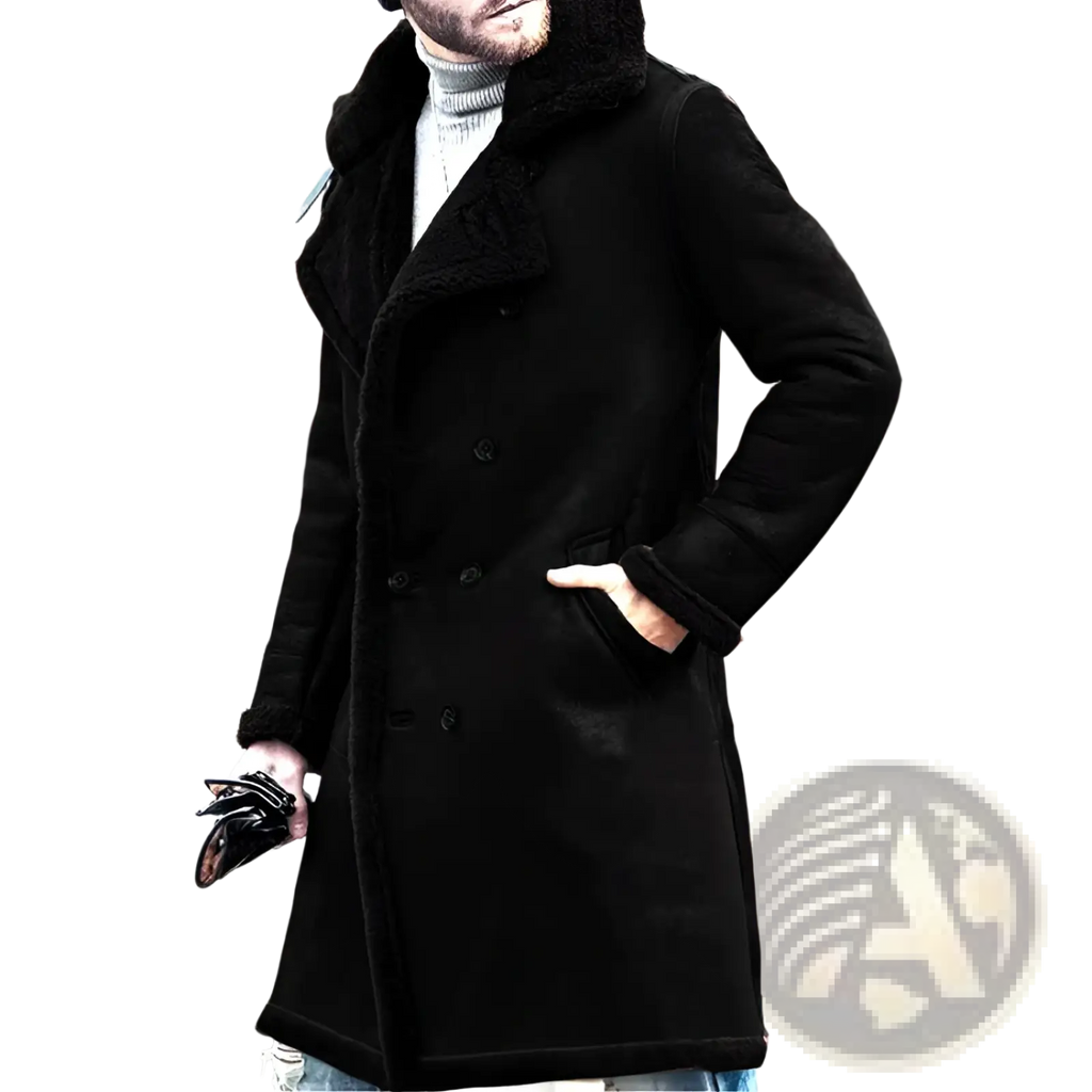 Men shearling lined double breasted black winter coat with plush textured interior and classic design