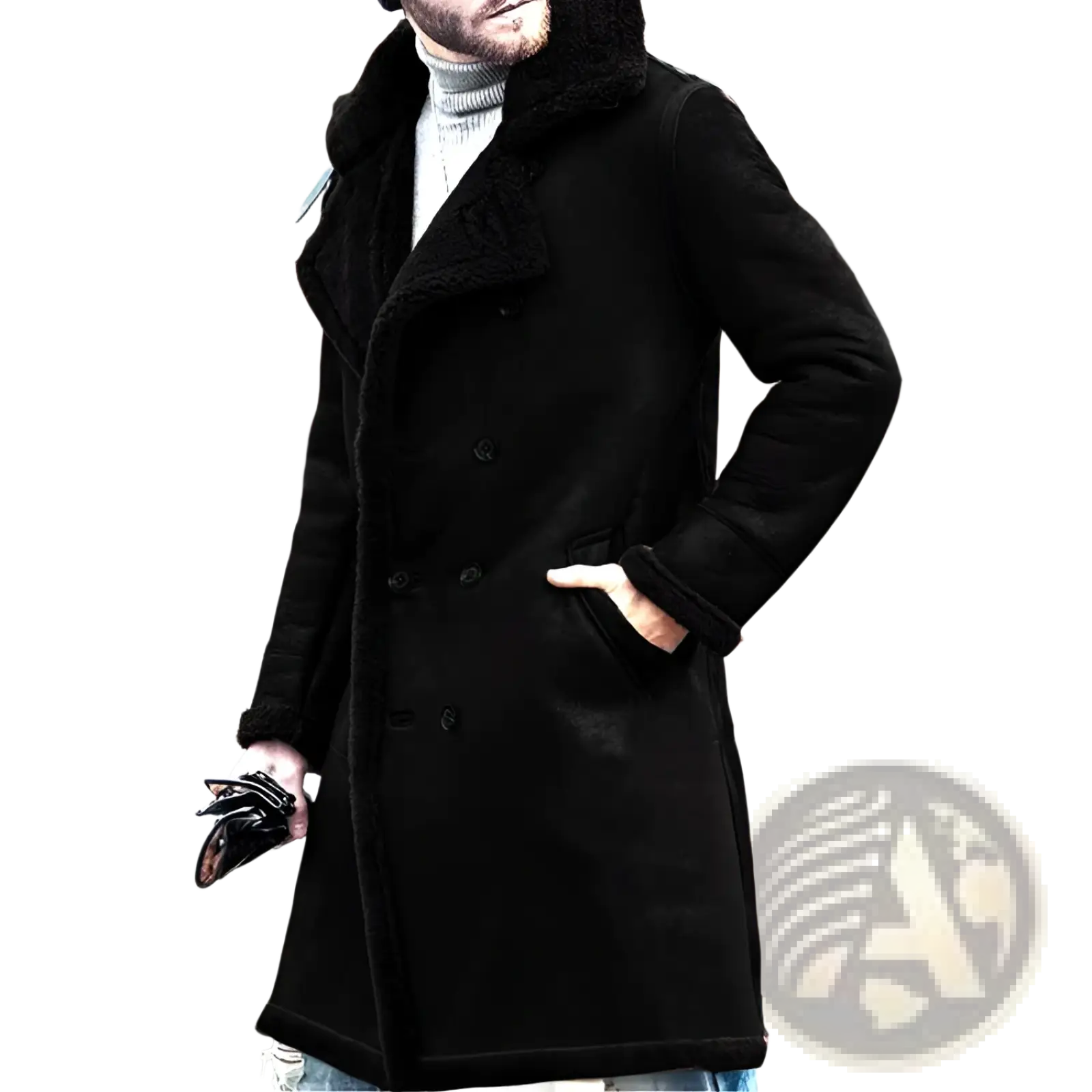 Men shearling lined double breasted black winter coat with plush textured interior and classic design