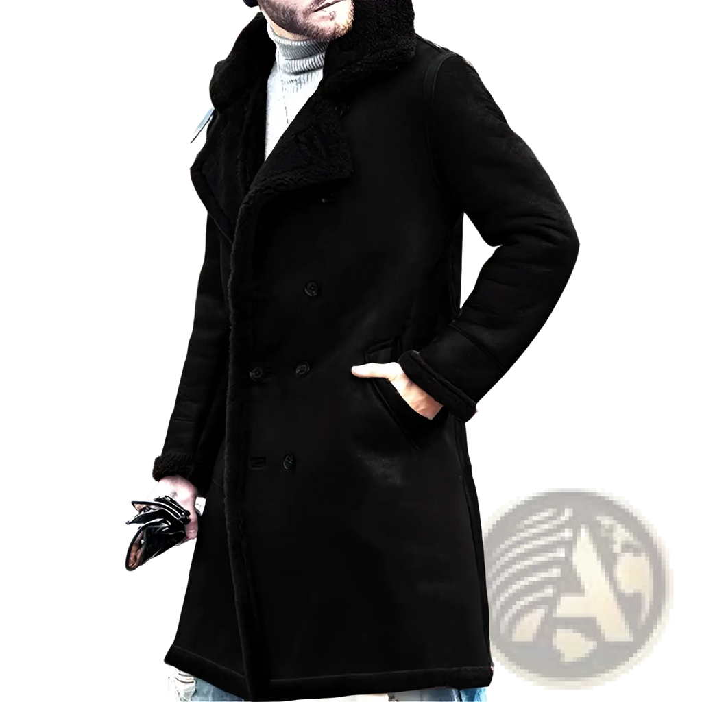 Men shearling lined double breasted winter coat in black with plush textured collar and warm interior lining