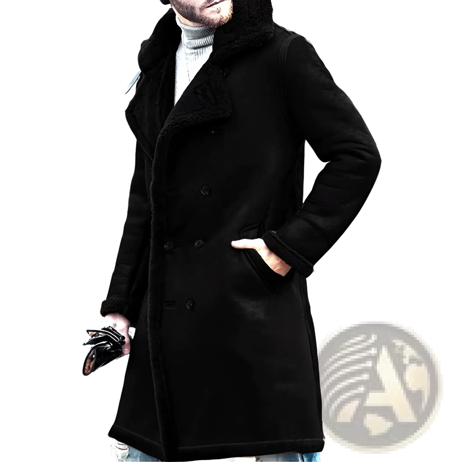 Men shearling lined double breasted winter coat in black with plush textured collar and warm shearling lining