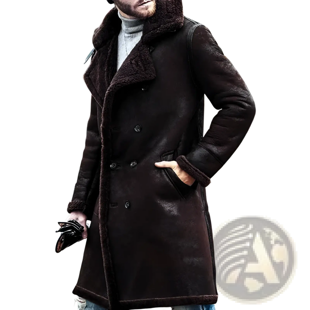 Men shearling lined double breasted winter coat in dark brown with plush fur lined collar and cuffs made of shearling