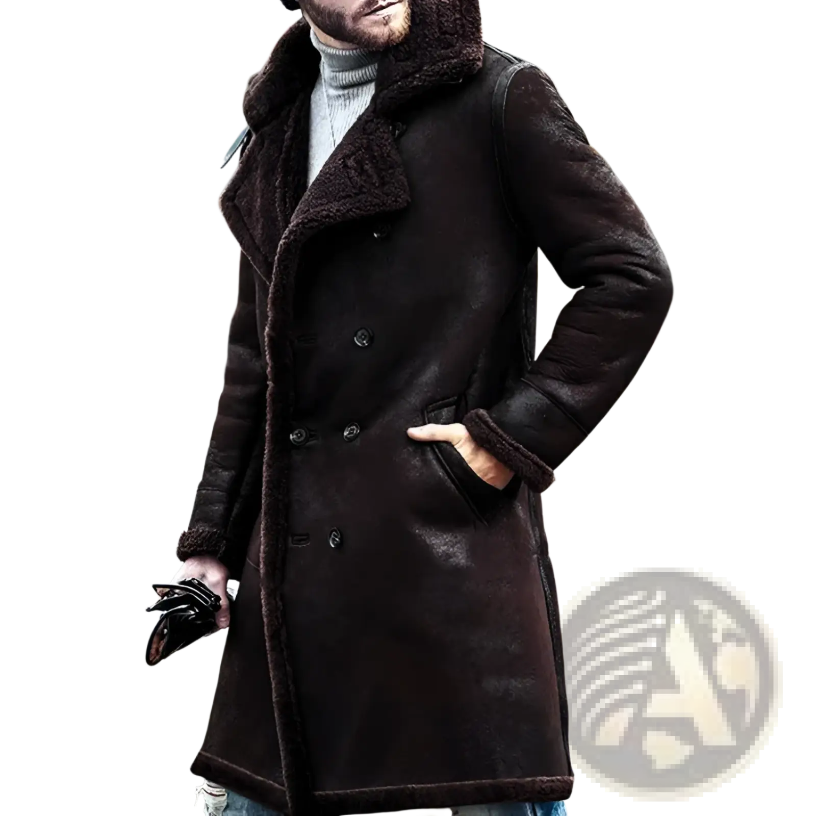 Men shearling lined double breasted winter coat in dark brown with plush fur lined collar and cuffs made of shearling