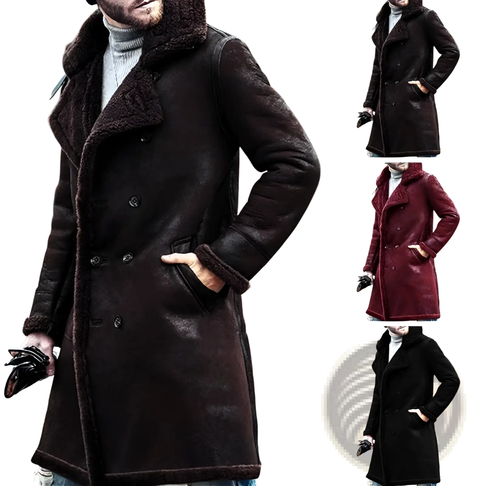 Men shearling lined double breasted winter coat in dark brown wool with plush textured collar and cuffs