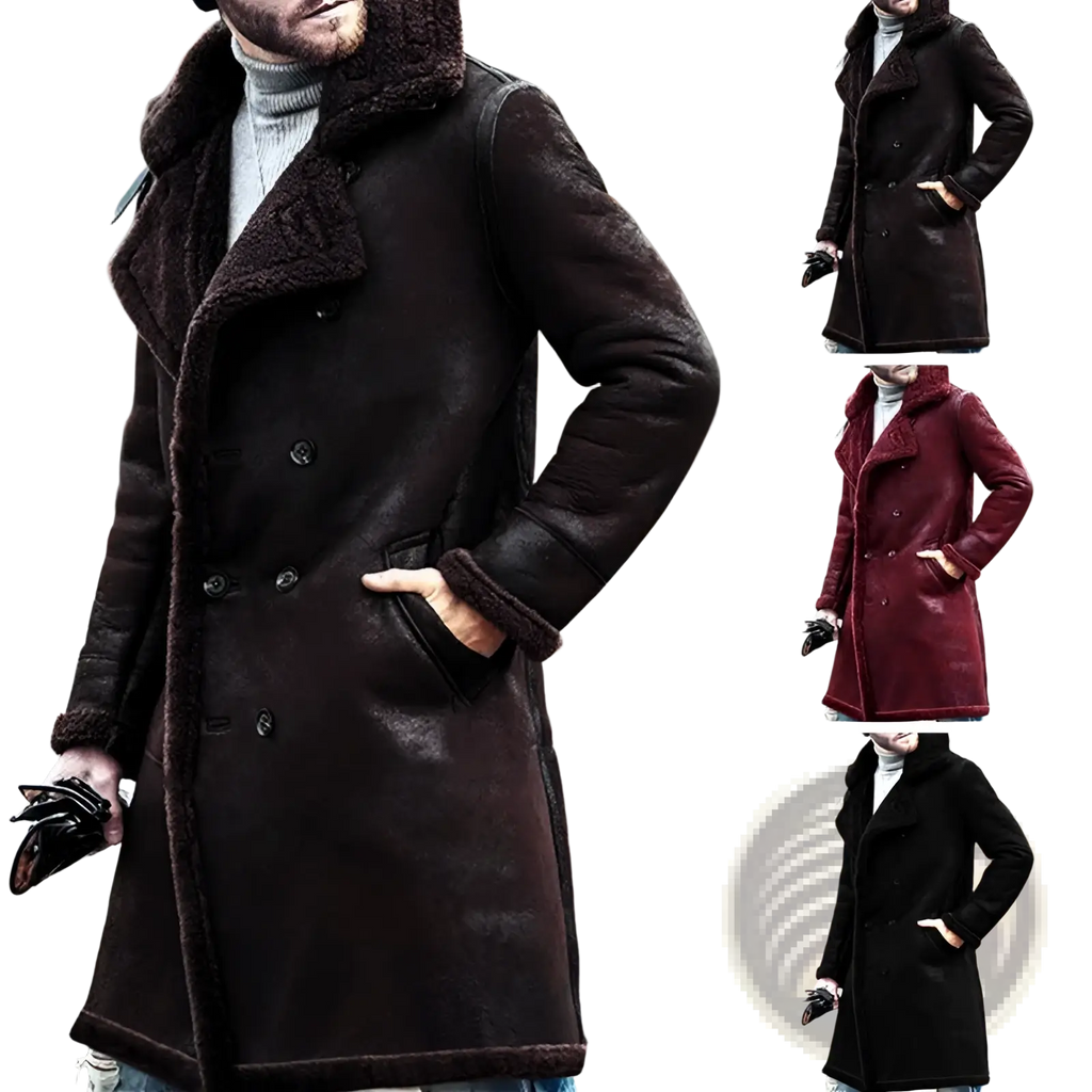 Men shearling lined double breasted winter coat in dark brown wool with plush shearling collar and cuffs