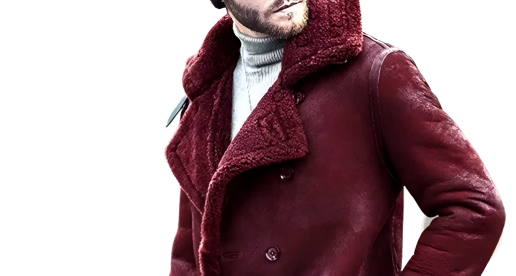 Men shearling lined double breasted winter coat in rich burgundy with plush textured interior lining