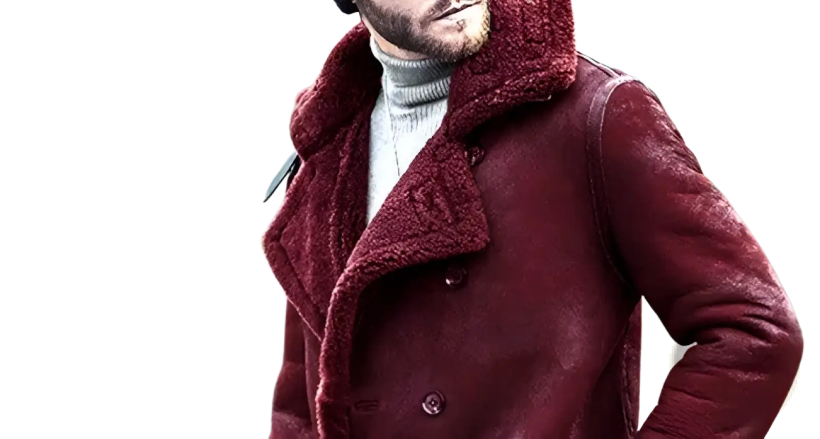 Men shearling lined double breasted winter coat in rich burgundy with plush textured interior lining