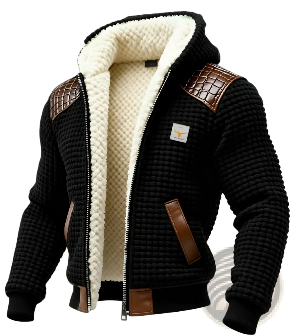 Men shearling lined quilted leather jacket in black waffle knit with cream shearling lining and brown crocodile leather patches