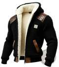 Men shearling lined quilted leather jacket in black waffle knit with cream shearling lining and brown crocodile leather patches