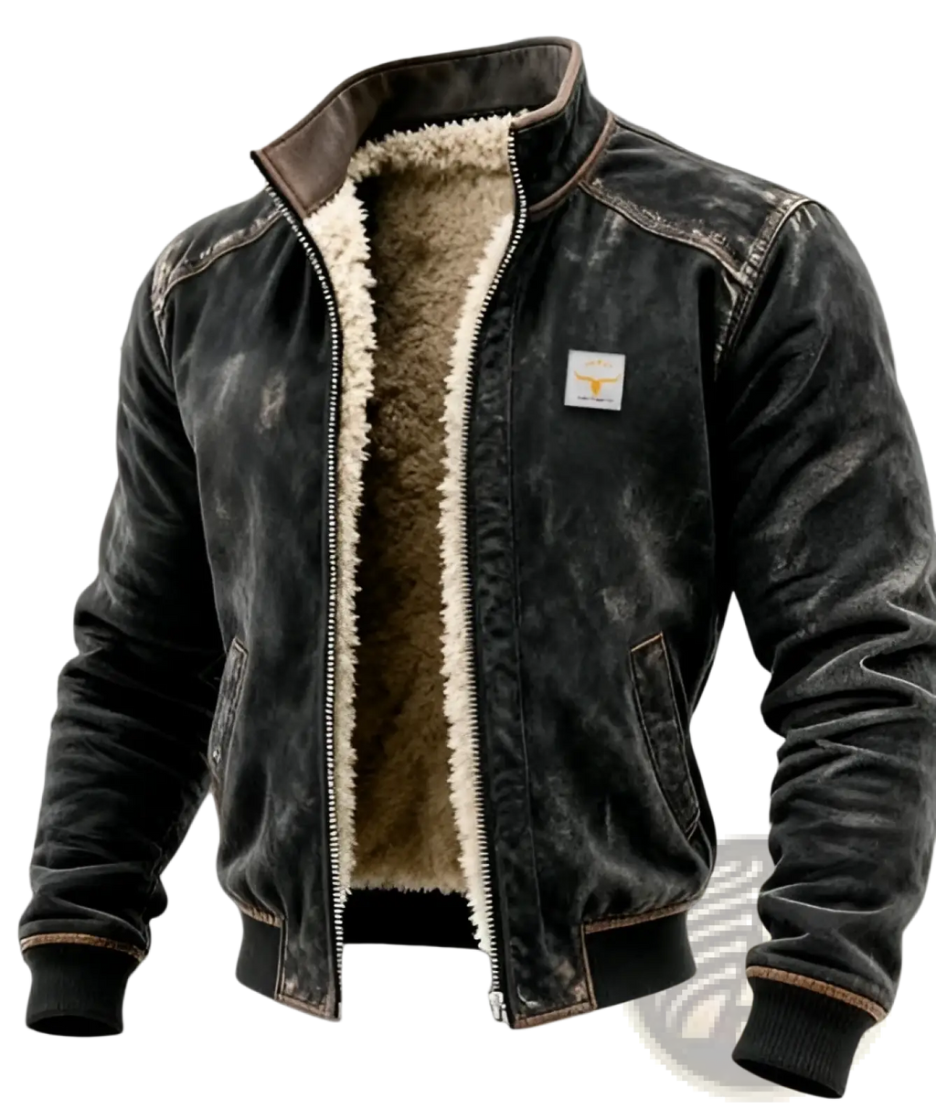 Men shearling lined quilted leather jacket dark gray suede bomber with cream shearling lining and brown trim accents