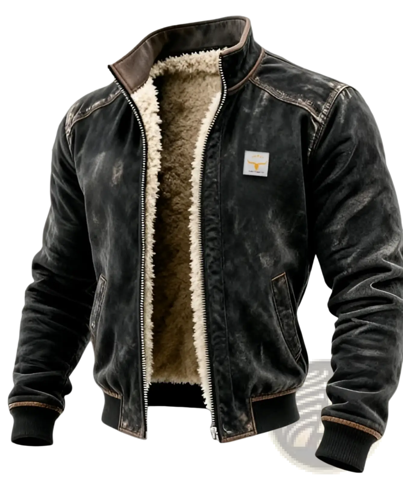 Men shearling lined quilted leather jacket dark gray suede bomber with cream shearling lining and brown trim accents