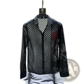 Men sheer plaid long sleeve button up shirt in black sheer mesh with bold black and white checkered pattern and red accent