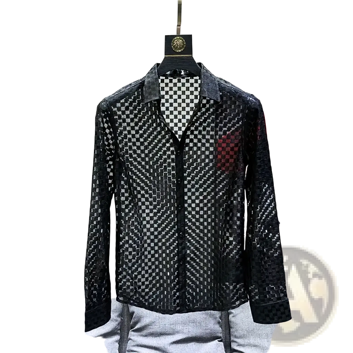 Men sheer plaid long sleeve button up shirt in black sheer mesh with bold black and white checkered pattern and red accent