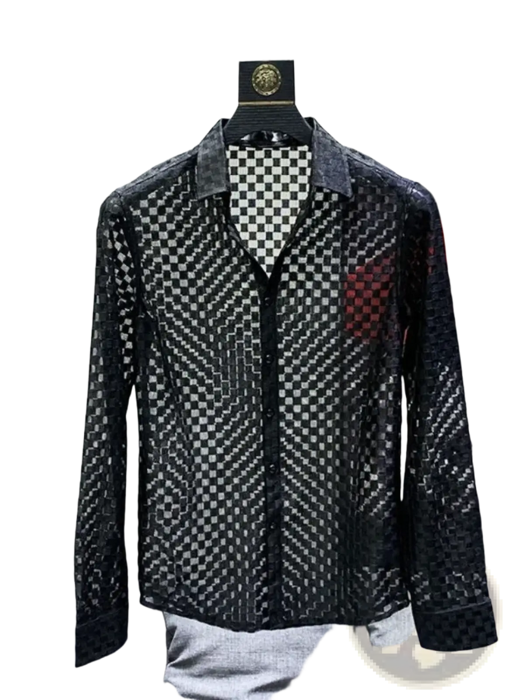 Men sheer plaid long sleeve button up shirt in black and gray checkered mesh with red accent on left chest pocket