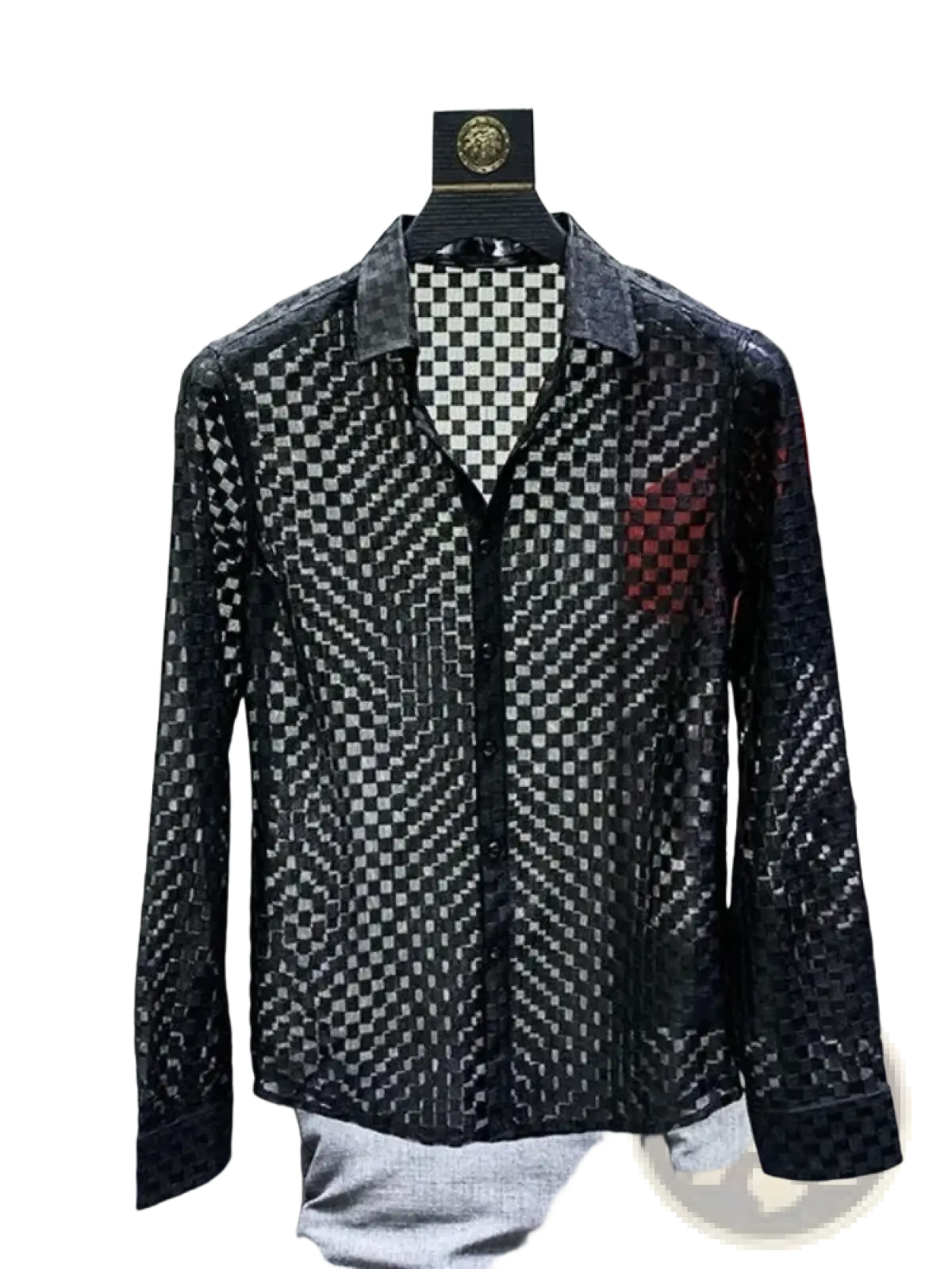 Men sheer plaid long sleeve button up shirt in black and gray checkered mesh with red accent on left chest pocket