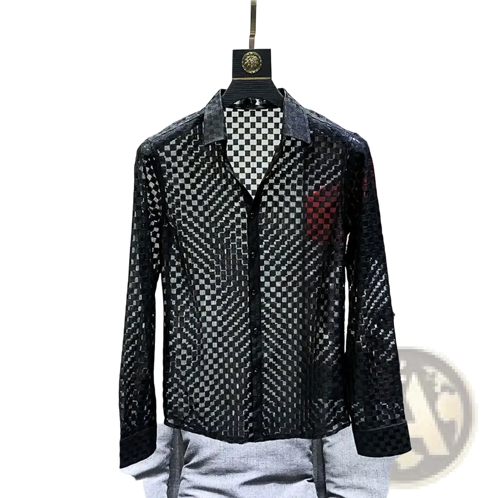 Men sheer plaid long sleeve button up shirt in black sheer mesh with bold black and white checkered pattern and red accents