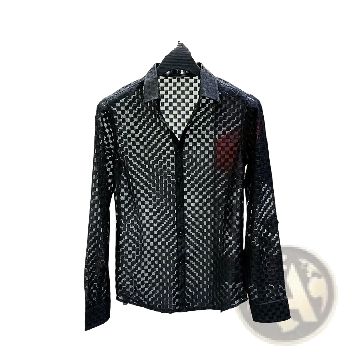 Men sheer plaid long sleeve button up shirt in black mesh with bold black and white checkered pattern and red chest accents